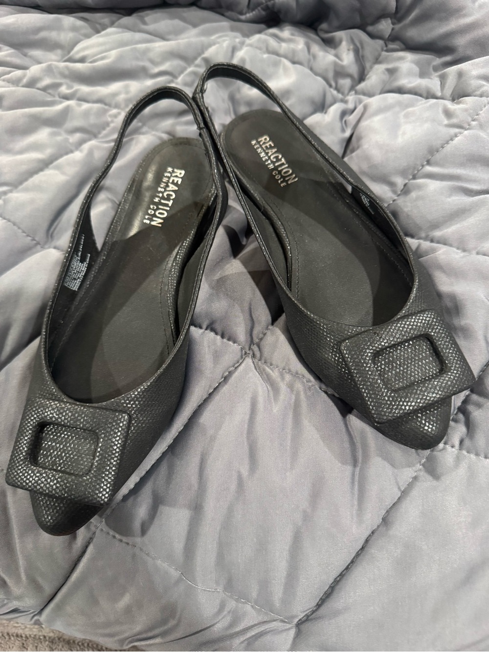Reaction Kenneth Cole Black Textured Pointed Slingback Flats with Buckle